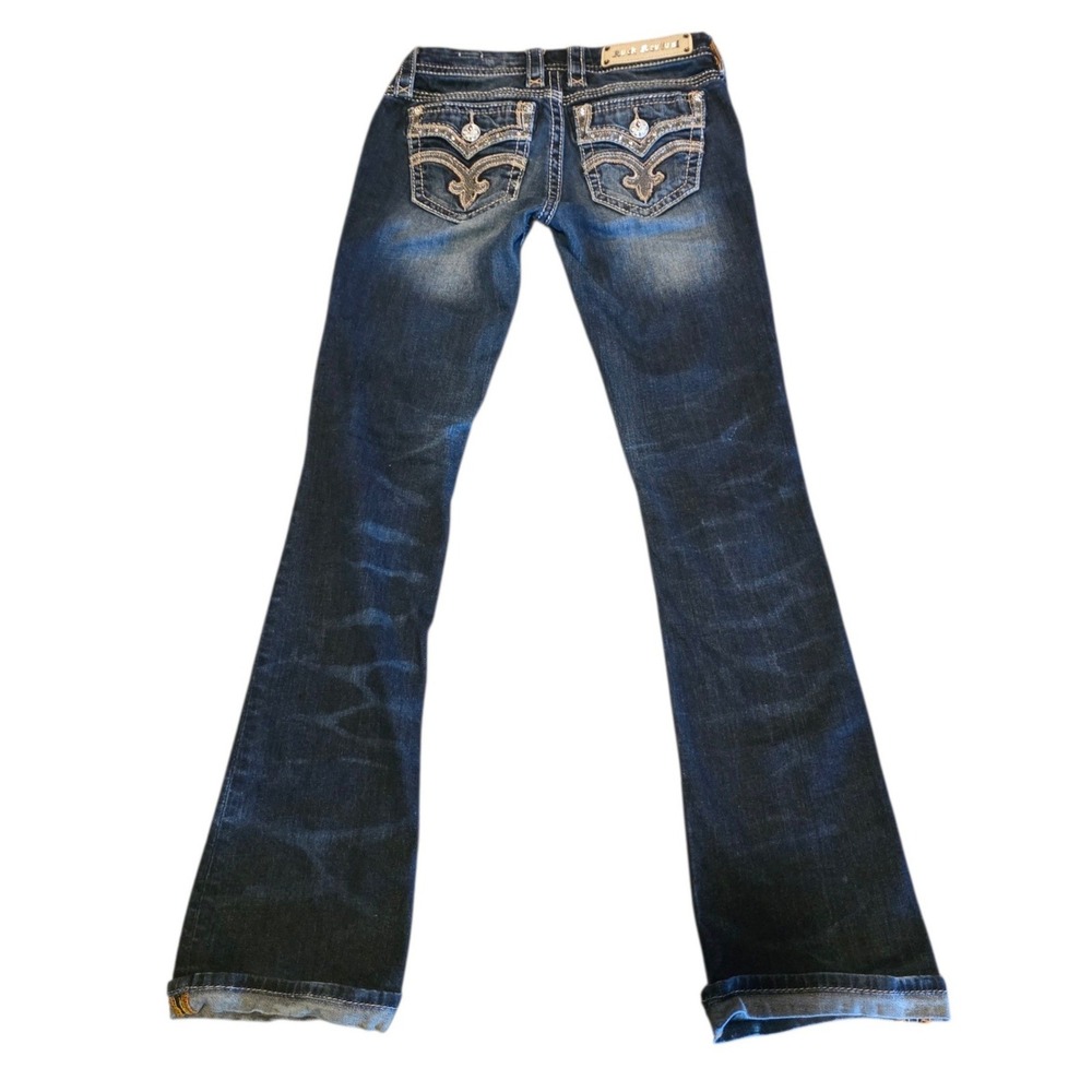 Rock Revival Drew Bootcut Jeans Women Size 25 Dark Wash Distressed Rhinestone - Picture 4 of 14